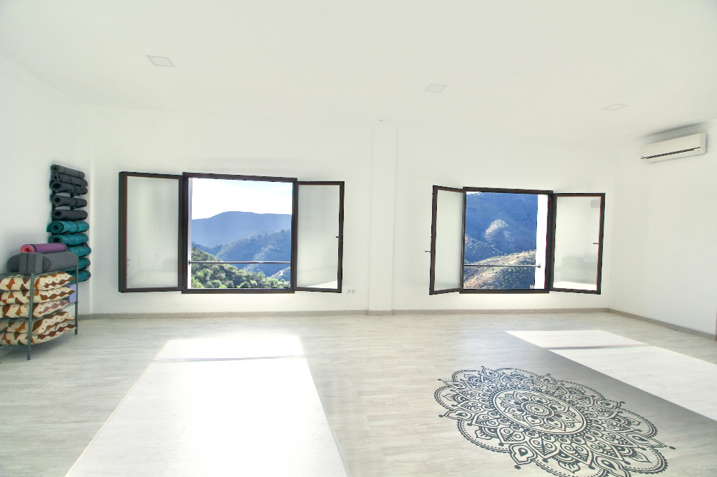 Empty shala with mountain views and mandala floor decal